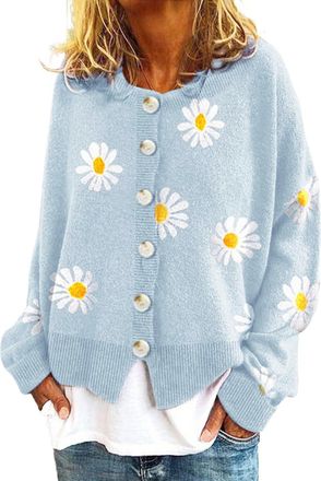 Generic Sweaters for Women Long Sleeve Warm Jumper Loose Knit Cardigan Daisy Floral Print Sweater Top Cardigans Cropped Sweatshirt Elegant Soft Comfort Lightw