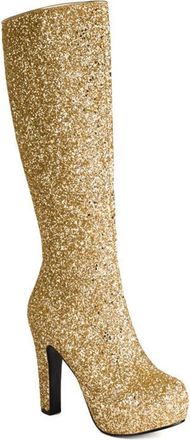 Generic Womens Glitter Sparkly Knee High Boots Platform Round Toe Chunky Block Heel Side Zipper Wedding Party Shoes (7.5,Gold)
