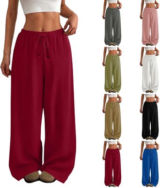 Generic Summer Trousers for Women UK Loose Wide Leg High Waist Straight Pants Casual Baggy Soft Lounge Bottoms Elderly Ladies Elasticated Waist Palazzo Flared