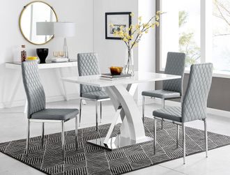 Furniturebox Atlanta White High Gloss & Chrome 4 Seater Dining Table with X Shaped Legs & 4 Faux Leather Milan Chairs in Grey