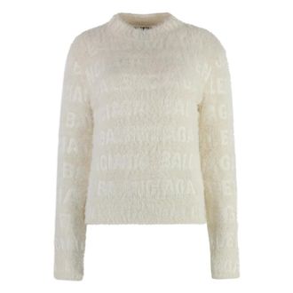 Balenciaga Round-neck Knitwear, female, White, Size: XS Furry Fitted Sweater