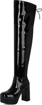 Generic Womens Fashion Square Toe Platform Over The Knee Boots Stretch Thigh High Block Heel Catwalk Dance Shoes (Black,7.5)