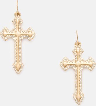 AllSaints Brass Tilley Pearl Cross Pendant Earrings, Size: One Size
