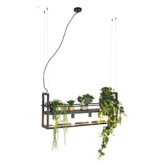 QAZQA Industrial L&aacute;mpara Colgante Inteligente Negra Con Madera Y Estante 4 Luces Incl. Wifi A60 - Cage Rack Acero / Alargada Adecuado Para Led Max. 4 X 4.9 