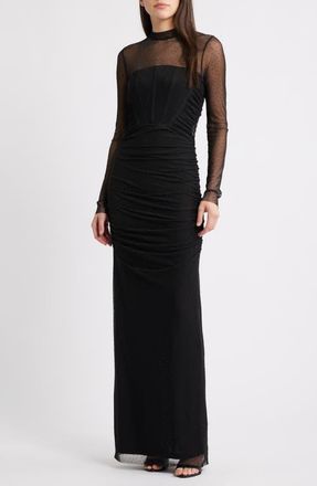 Black Halo Lexington Rhinestone Detail Long Sleeve Mesh Column Gown in Star Light at Nordstrom, Size 10