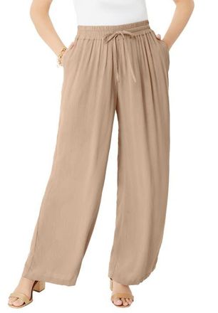 Roaman's Plus Size Hand Crinkled Wide Leg Pant in New Khaki at Nordstrom, Size 14
