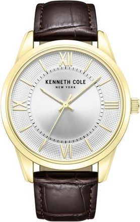 Kenneth Cole Classic Croc Embossed Leather Strap Watch, 44mm in Dark Brown at Nordstrom Rack