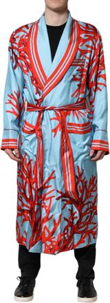 Dolce & Gabbana Mens Blue Red Coral Print Wrap Robe Coat Jacket Light Silk Clothing