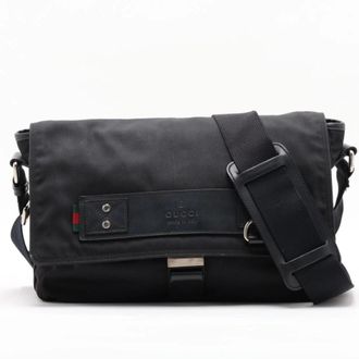 Gucci Black Leather Canvas Messenger Bag Shoulder Bag (Pre-Owned)