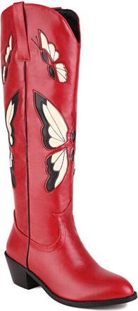 Generic Womens Mid Chunky Heel Western Cowboy Boots Round Toe PU Leather Cowgirl Boots with Embroidery Stitched Pull on Knee High Boot,Red,4.5 UK