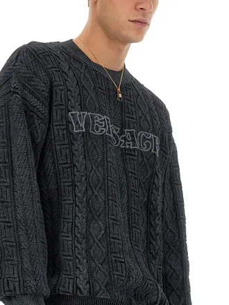 Versace Greek Braid Knit Cotton Sweater - Gray