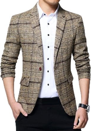 Generic Blazers For Men Uk Plaid Casual Blazers For Men Slim Fit One Button Blazer Classic Vintage Business Suits Contrast Color Patchwork Notched Lapel Suit 