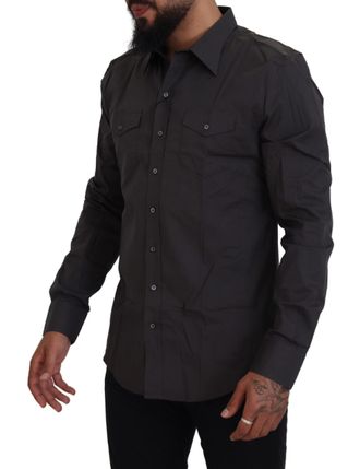 Dolce & Gabbana Mens Gray Sicilia Slim Fit Stretch Dress Shirt Cotton