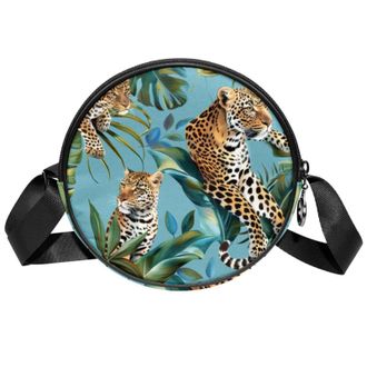 Generic Circle Crossbody Bag for Women, Tropical Leopards Small Sling Bag Daypack with Zipper Adjustable Shoulder Straps Casual Ladies Girls Round Purse