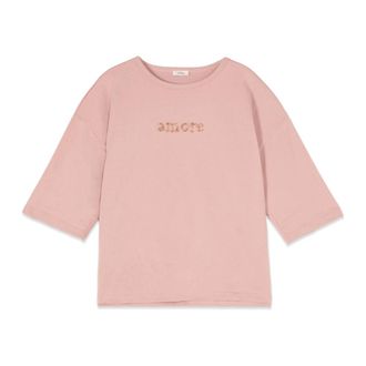 Oltre Tops, Dames, Roze, XL, Katoen, Katoenen T-shirt met Lettering Borduurwerk
