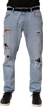 Dolce & Gabbana Mens Blue Cotton Distressed Slim Fit Denim Jeans Co+01 Clothing