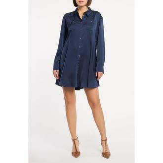 Cinq &agrave; Sept Belden Long Sleeve Satin Mini Shirtdress in Navy at Nordstrom, Size 10