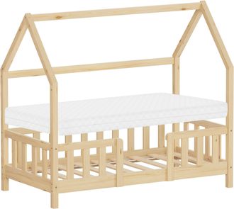 ML Design Ml-design Cama Infantil 70x140cm Natural, Con Colch&oacute;n, Protecci&oacute;n Antica&iacute;da, Techo Y Somier, Listones De Madera De Maciza De Pino Lecho Montessori For