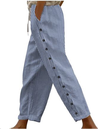 Generic Blue Cotton Linen Trousers for Women Casual Solid Plain Elastic Waist Wide Leg Palazzo Lounge Pants Summer Loose with Pockets Happy Vacation Outfits P