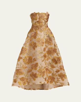 Monique Lhuillier Metallic Floral Embroidered High-Low Strapless Gown