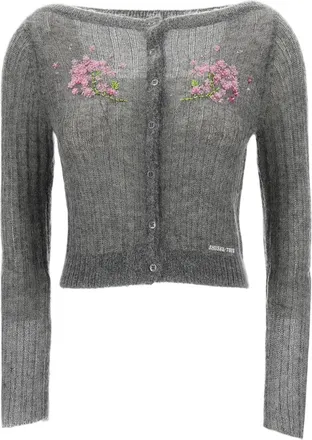 Shushu/Tong Grey Beaded Floral Wool-Blend Cardigan