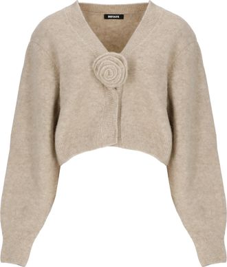 Rotate Beige Cropped V-Neck Detachable Rose Cardigan