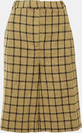 Ganni Ganni Beige Checked Cotton Pleated Relaxed Fit Shorts