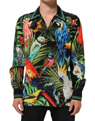 Dolce & Gabbana Multicolor Parrot Print Lounge Casual Mens Shirt