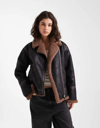 French Connection Giacca biker nera con fodera in pile borg marrone-Nero