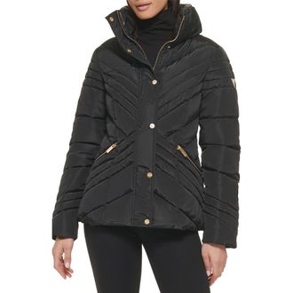 Guess Water Resistant Chevron Quilted Puffer Jacket in Black at Nordstrom Rack, Size Medium