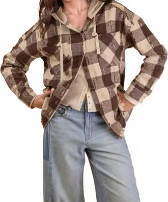 Very J Canyon Plaid Flannel Hooded Jacket In Brown