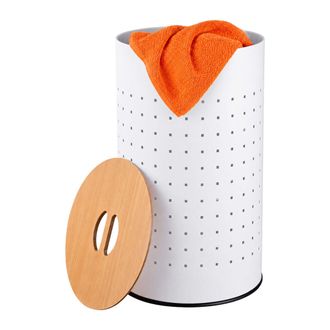 Relaxdays Relaxdays, Cesto Para Ropa Con Tapa, Metal, 50 L, Al X D: 57 X 35 Cm, Con Agujeros, Blanco/natural