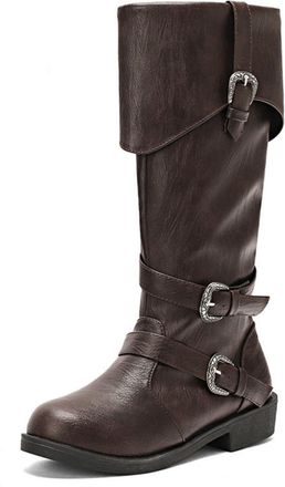 Generic Womens Round Toe Mid-Calf Boots PU Leather Long Boots with Side Zipper Flat Heel Knight Boot with Buckle,Brown1,4.5 UK