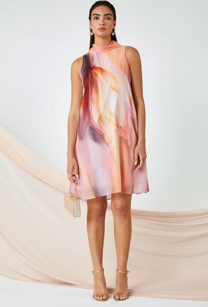 Roman Womens Printed High Neck Shift Dress - Peach - Size 10 UK