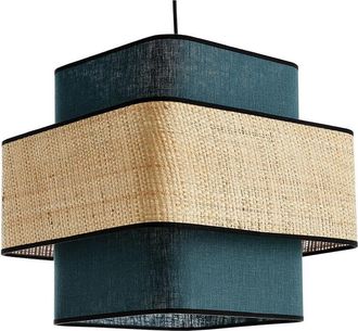 Miliboo L&aacute;mpara De Techo Colgante De Lino Azul Petr&oacute;leo Y Rafia Natural 35 Cm Tera