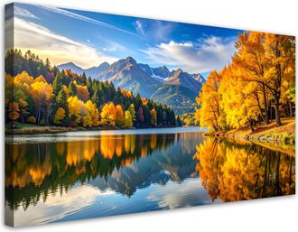 Feeby Cuadro Sobre Lienzo, Paisaje Oto&ntilde;al Lago Monta&ntilde;as Naturaleza, 120x60