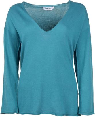 Alpha Studio V-Neck Cotton Sweater with Gathered Hem