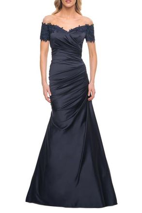 La Femme Off the Shoulder Satin and Lace Mermaid Pleated Gown in Navy at Nordstrom, Size 14