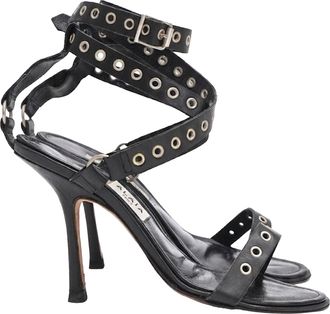 Manolo Blahnik Eyelet Ankle Strap Sandal Heels in Black Leather