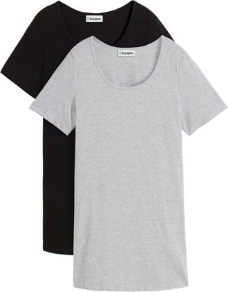 Bonprix T-Shirt BONPRIX, Damen, Gr. 52/54 (XXL), schwarz, hellgrau meliert, Jersey, Obermaterial: 95% Baumwolle, 5% Elasthan, unifarben, loose fit ca. Mitte O