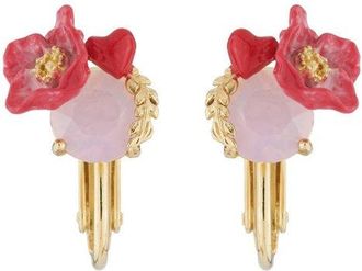 Les N&eacute;r&eacute;ides Pink Stone & Red Flower Clip-On Earrings