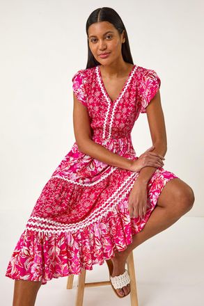 Roman Floral Print Ric Rac Midi Dress