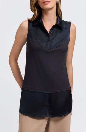 Foxcroft Sasha Sleeveless Mixed Media Shirt in Black at Nordstrom, Size 3 X