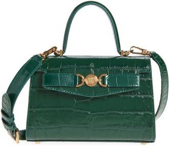 Versace Small Medusa 95 Croc Embossed Leather Top Handle Bag in Dark Emerald Gold at Nordstrom