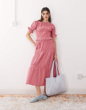 Reclaimed Vintage midi sun dress with puff sleeve and shirred detail in red stripe-Multi