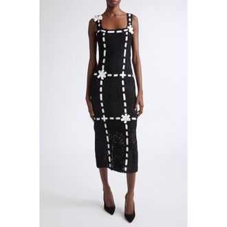 Carolina Herrera Ribbon Detail Crochet Midi Dress in Black at Nordstrom, Size Medium