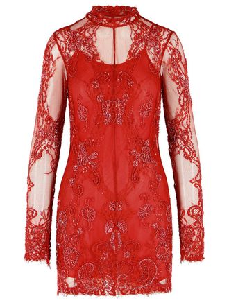 Blumarine Short Lace Dress With Red Embroidery