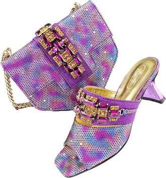 Generic Square Toe Women Heels Bigger Size Rhinestone Decoration Brown Shoes and Bag Set Party Bag