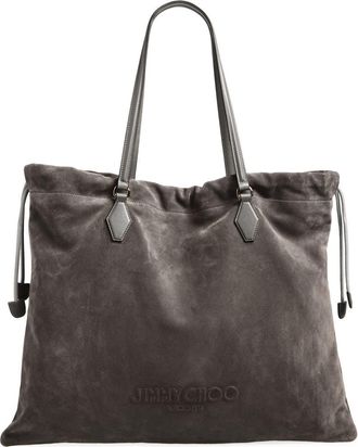 Jimmy Choo London Large Suede Drawstring Tote in Storm/storm/light Gold at Nordstrom