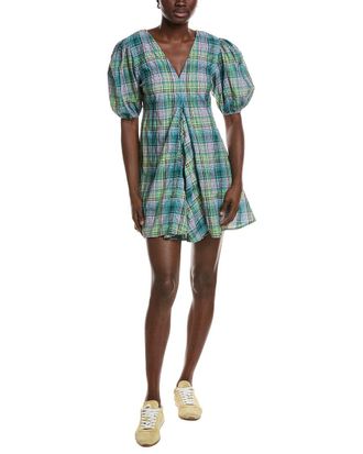 Ganni Seersucker Check V-Neck Mini Dress